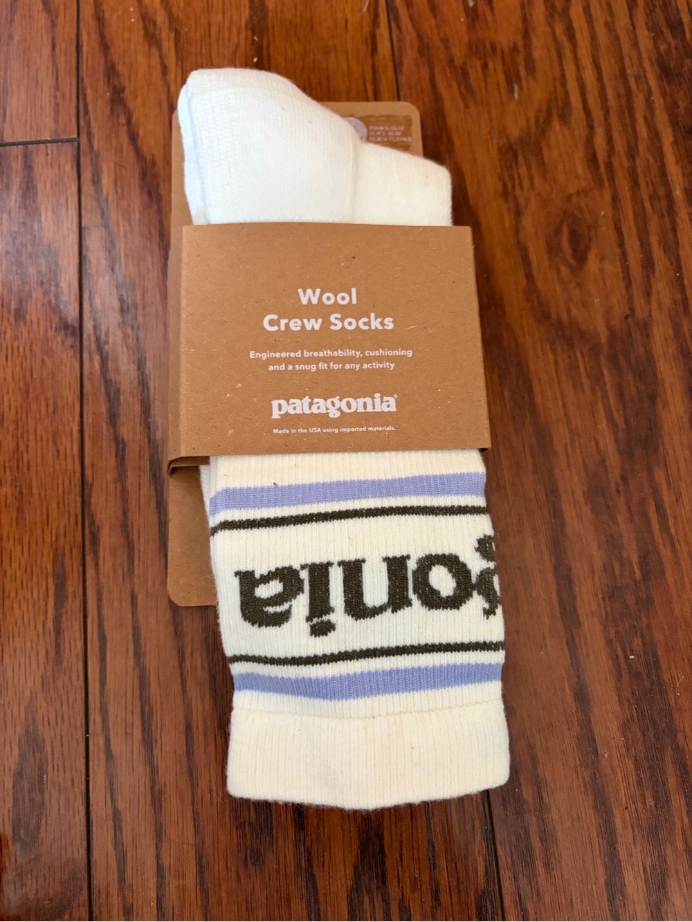 Patagonia Cream Wool Crew Socks with Black and Lavender Stripes